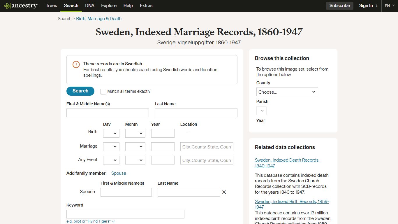 Sweden, Indexed Marriage Records, 1860-1947 - Ancestry.com